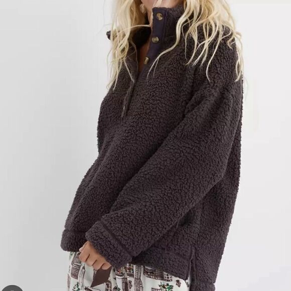 Aerie cloud Sherpa button front pullover oversized gray - Picture 1 of 5